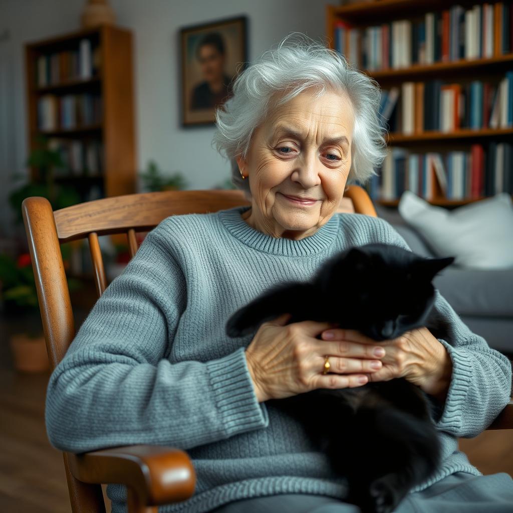 An elderly woman over 70 years old, sitting comfortably in a rocking chair, gently holding and petting a black cat