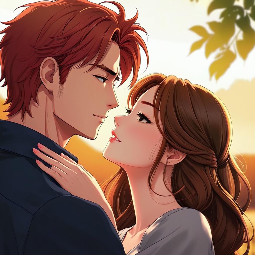 An anime-style illustration of an adult couple. The man has red hair and a warm, loving expression, while the woman has flowing brown hair.