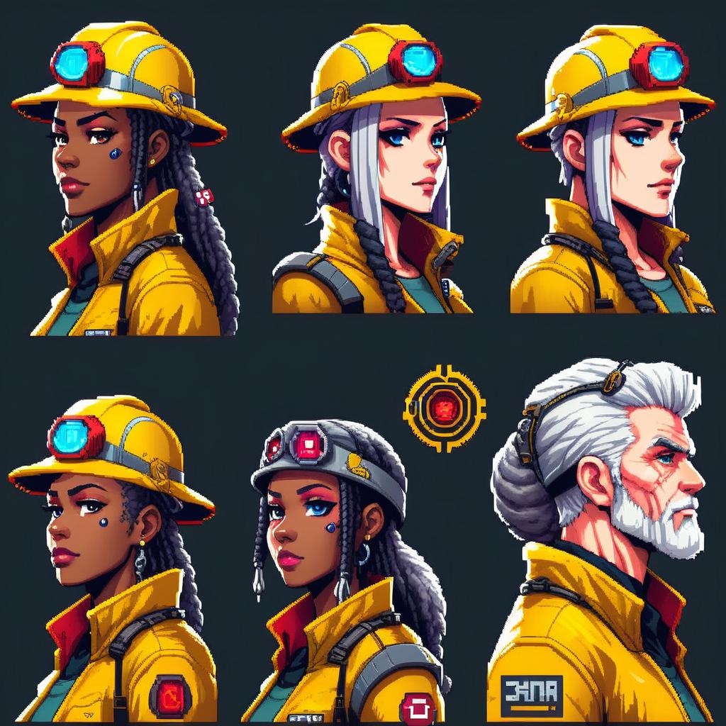 pixel art anime portraits of cyberpunk old black male and  black female miner supervisor with yellow and red gear