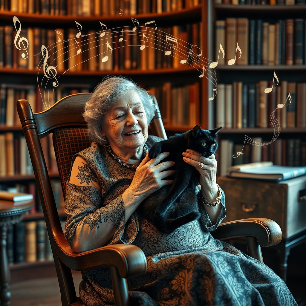 An elegant elderly woman over 70 years old, sitting gracefully in a rocking chair, gently holding and petting a black cat