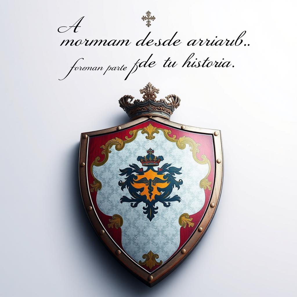 A heraldic shield lying flat, with the point facing towards the viewer and the top featuring an ornate crown positioned farther away