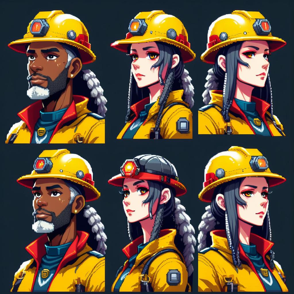 pixel art anime portraits of high tec android old black male and  black female miner supervisor with yellow and red gear