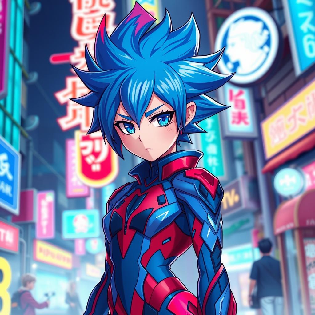 Anime character design featuring striking blue and red as the main colors