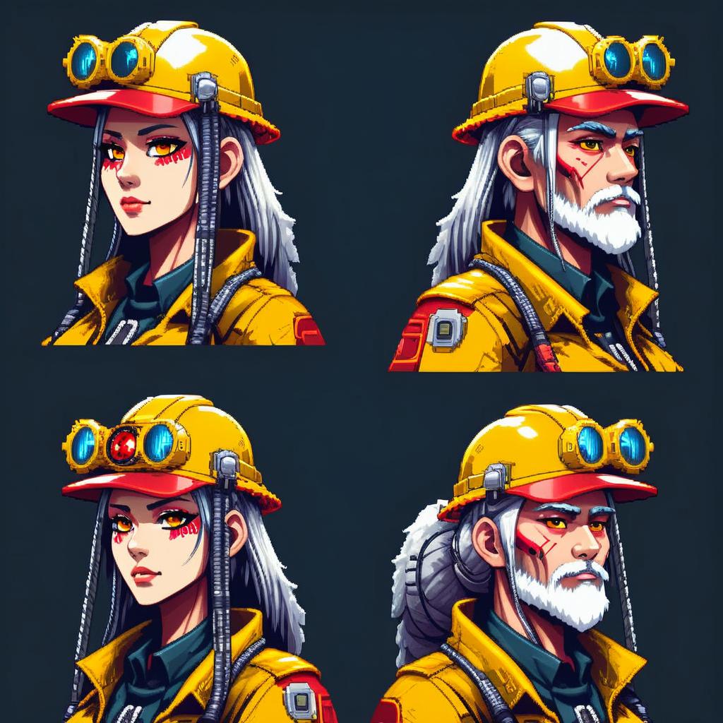 pixel art anime portraits of cyberpunk old Filipino male and  Filipino female miner supervisor with yellow and red gear, robotic eye
