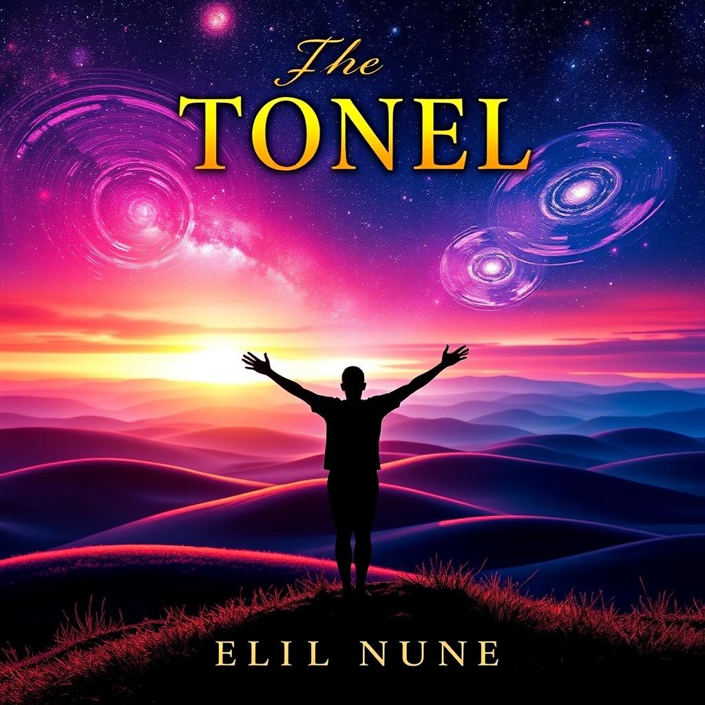 A visually striking book cover featuring an ethereal landscape at sunset, where rolling hills meet a starry sky filled with swirling galaxies