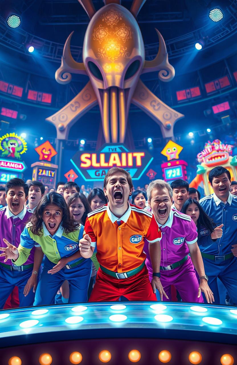 A thrilling scene inspired by 'Squid Game', featuring a group of diverse contestants in colorful uniforms participating in a high-stakes game in a large, dramatic arena