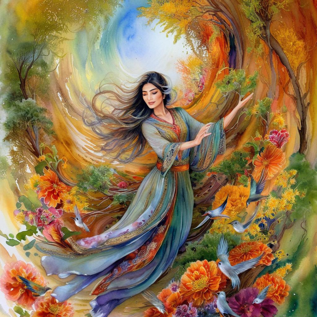 A mystical and spiritual full-body watercolor painting of a nice Iranian woman suspended in the air in a swirl of many colorful flowers, a maze of asymmetrical bonsai trees, a whirlwind of beautiful little birds, and a forest with a spectrum of green colors