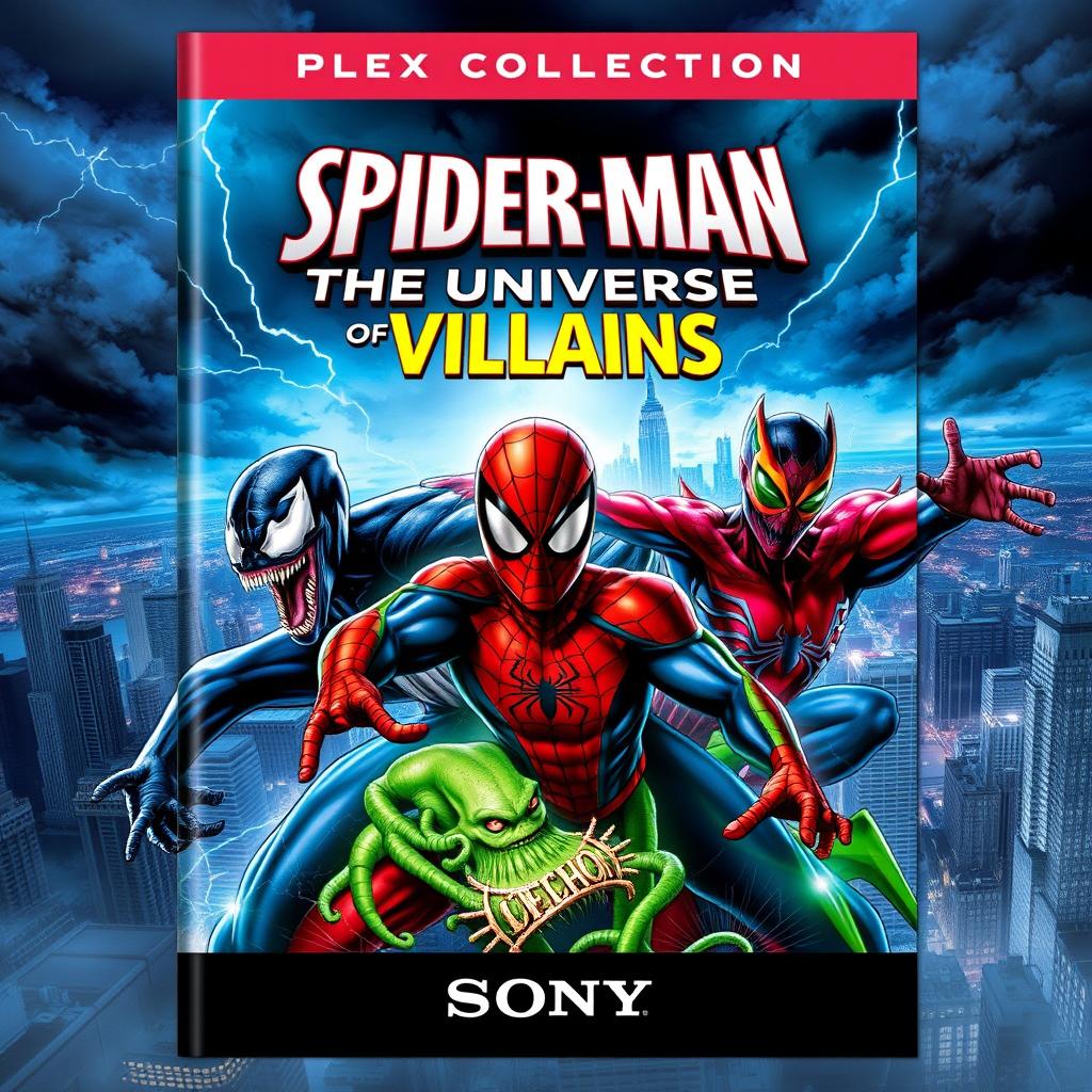 A vibrant and dynamic cover for a Plex collection titled 'Spider-Man: The Universe of Villains' featuring iconic Spider-Man villains such as Venom, Green Goblin, Doctor Octopus, and Mysterio in an action-packed composition