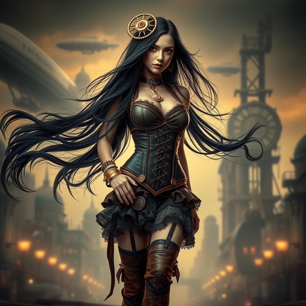 A stunning steampunk woman with long, flowing black hair, adorned with intricate Victorian-style gears and clockwork accessories
