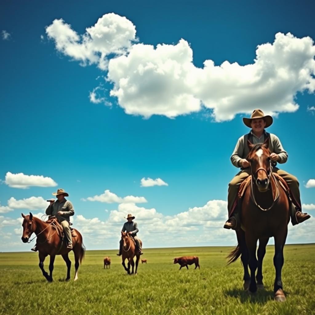 A group of rugged cowboys riding their horses across a vast, open prairie under a vibrant blue sky with fluffy white clouds