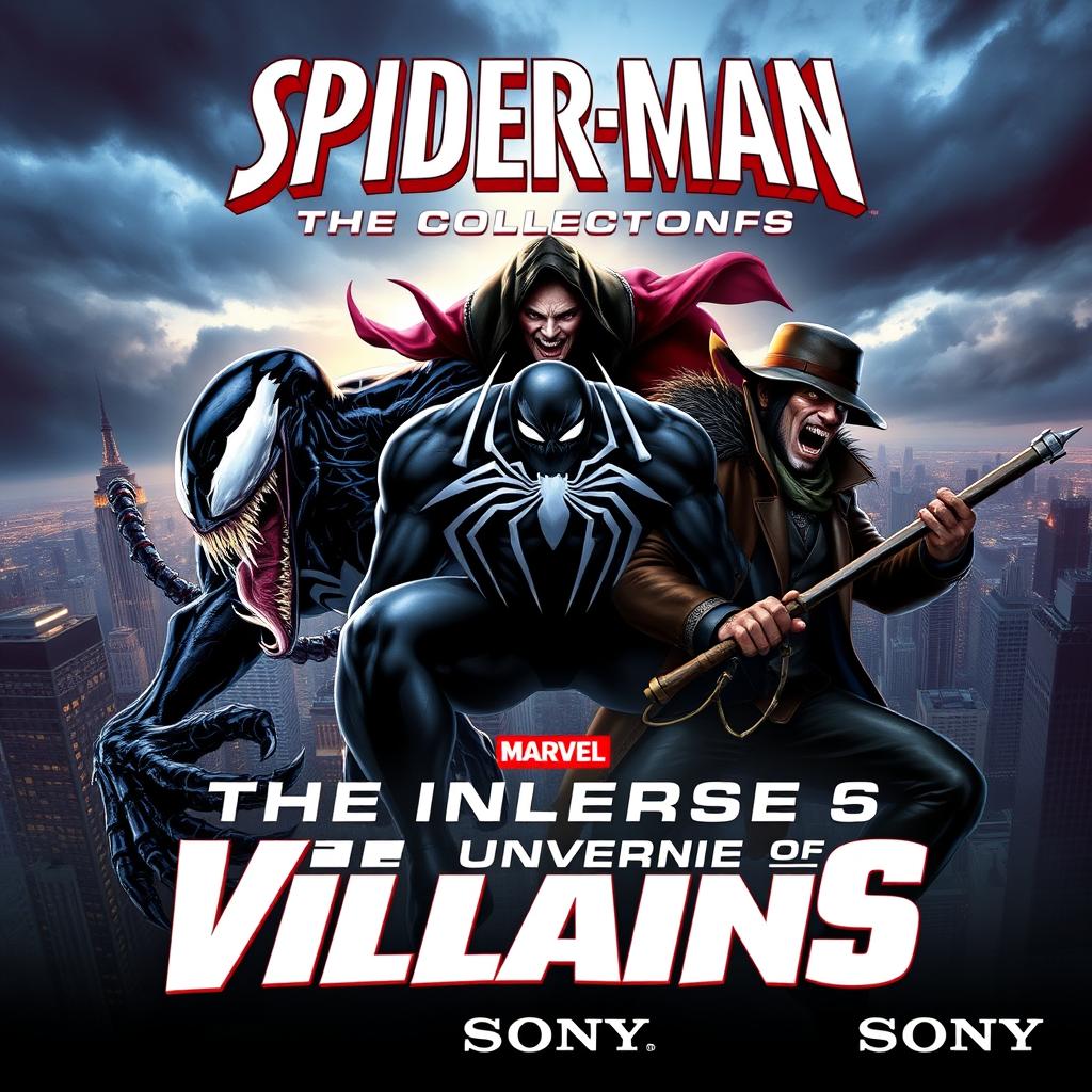 A vibrant and dynamic cover for a Plex collection titled 'Spider-Man: The Universe of Villains' featuring the iconic Spider-Man villains Venom, Morbius, and Kraven the Hunter in an action-packed composition