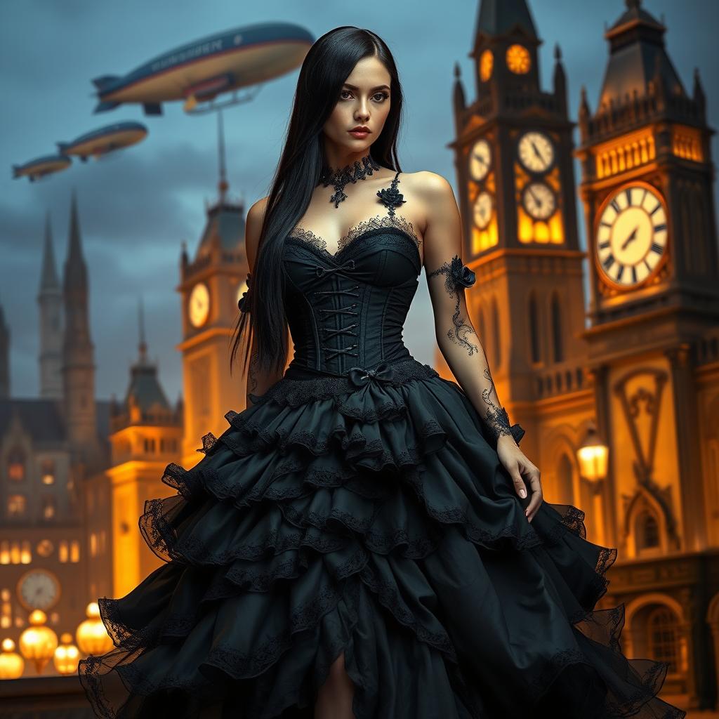 A captivating woman with long, sleek black hair, dressed in an elegant, flowing black steampunk gown that features intricate lace, ruffles, and metallic accents