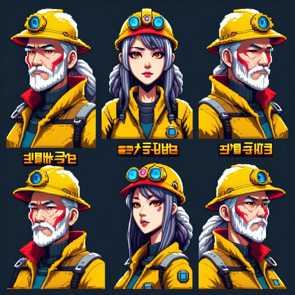 pixel art anime portraits of cyberpunk old asian male and asian female miner supervisor with yellow and red gear, robotic eye