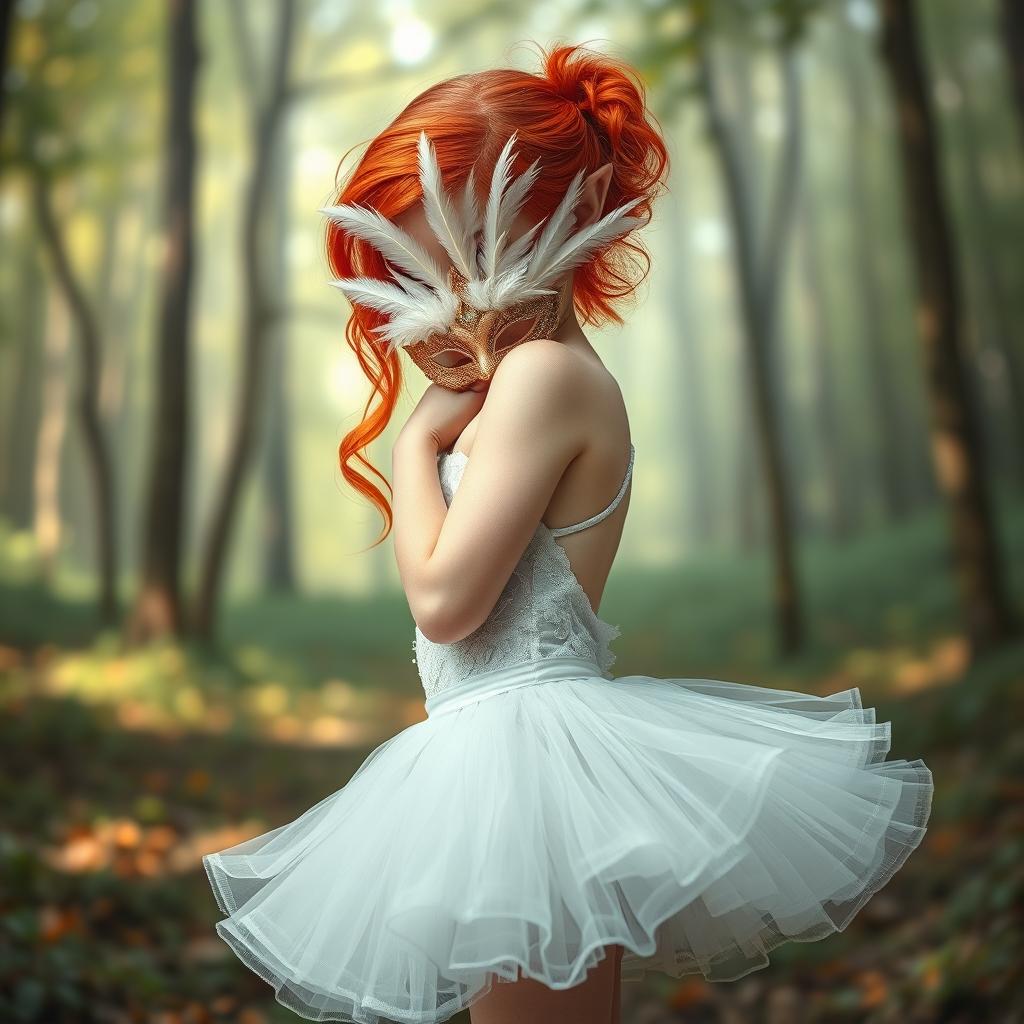 A graceful elf girl with vibrant red hair, elegantly styled and cascading around her shoulders