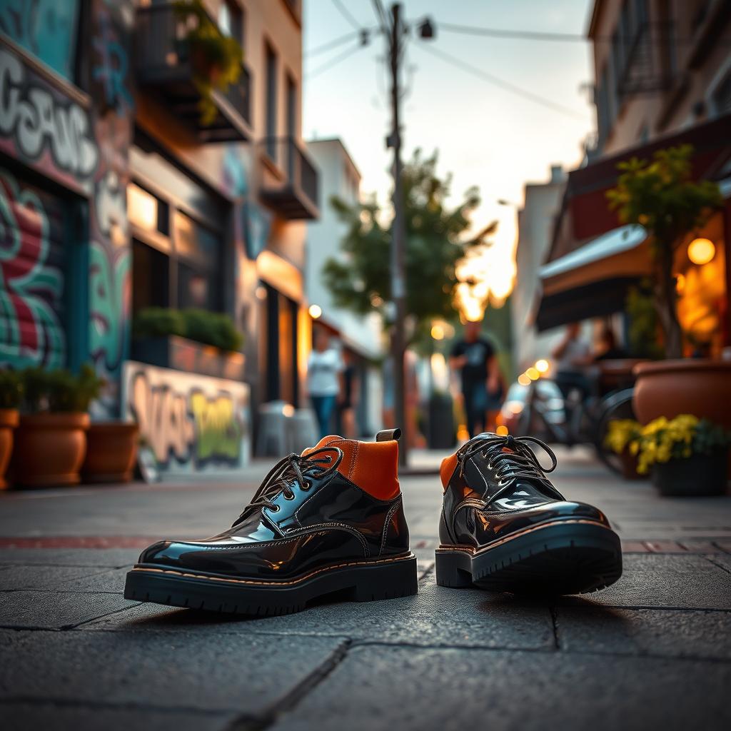 A stylish and trendy urban setting showcasing a pair of fashionable shoes on a vibrant street