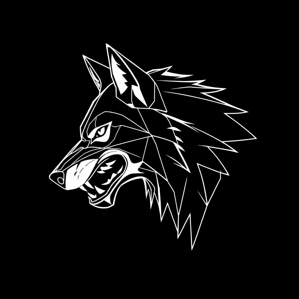 An abstract geometric line art illustration of the profile of a fierce, snarling wolf's head, rendered in a geometric outline style