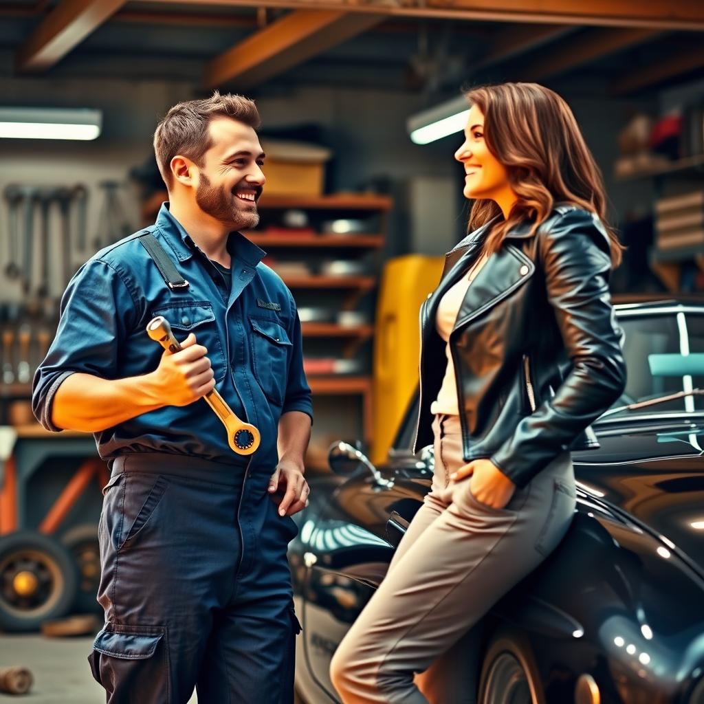 A charismatic mechanic working in a garage, engaged in conversation with a confident woman