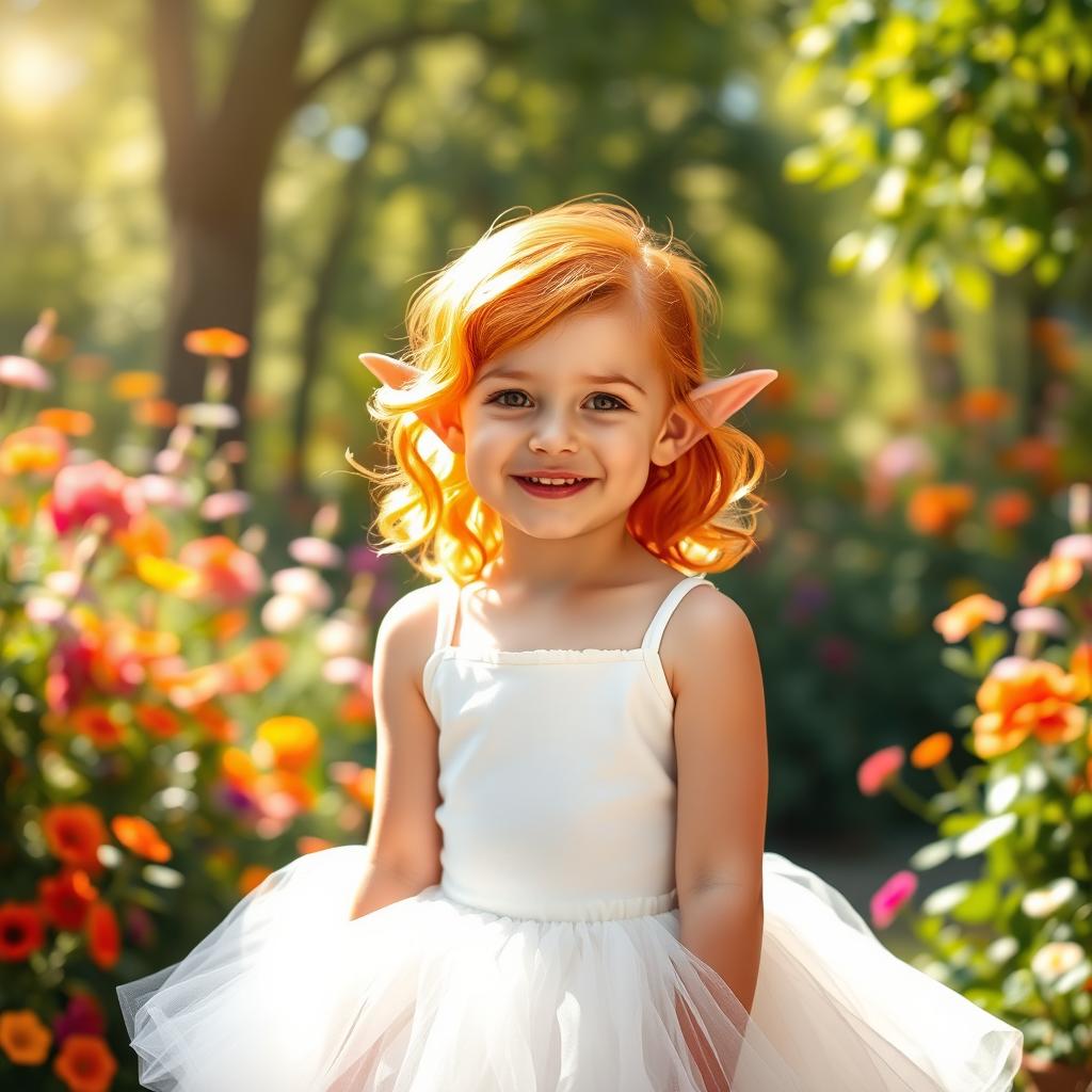 A cheerful girl with vibrant orange hair styled in playful waves, showcasing her pointy ears that hint at her elf-like nature