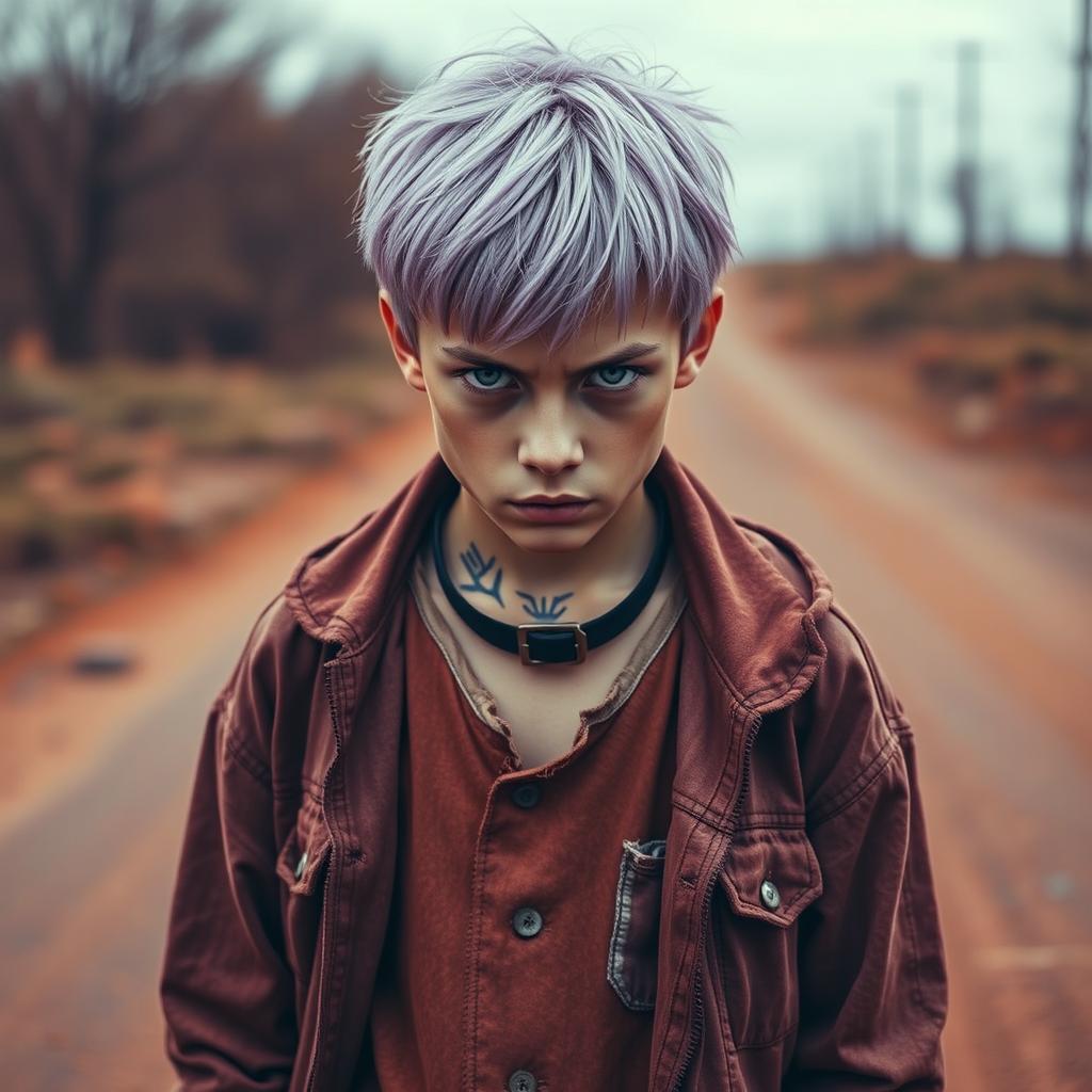 A light-purple haired teenager with intense grey eyes, conveying a strong expression of anger and defiance