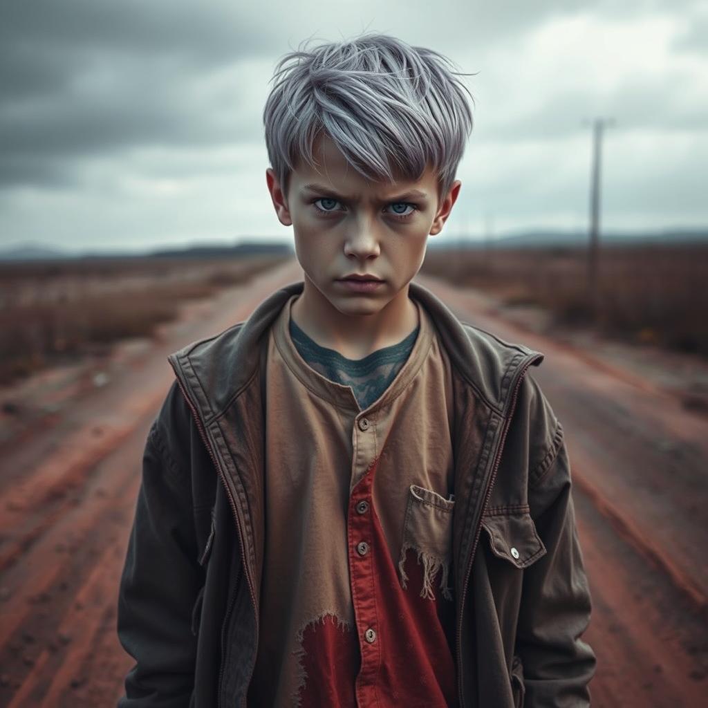 A light-purple haired teenage boy aged 19 with intense grey eyes, expressing strong emotions of anger and defiance
