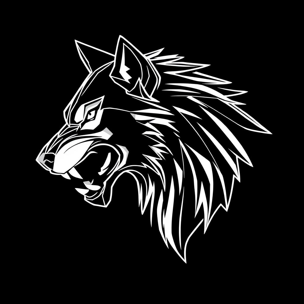 A geometric line art illustration of the profile of a fierce, snarling wolf's head, depicted in an extreme close-up from the side