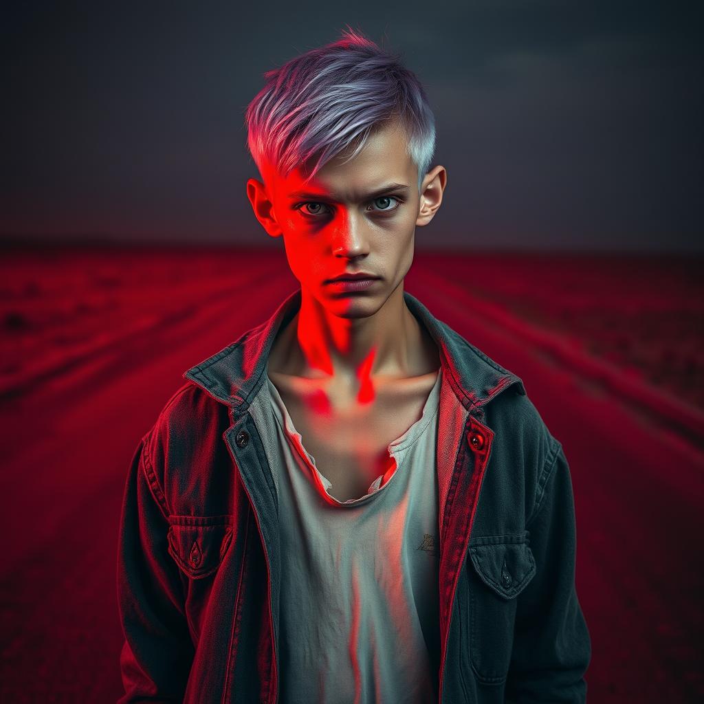 A light-purple haired young man aged 19 with striking grey eyes, exuding a powerful aura of anger and defiance