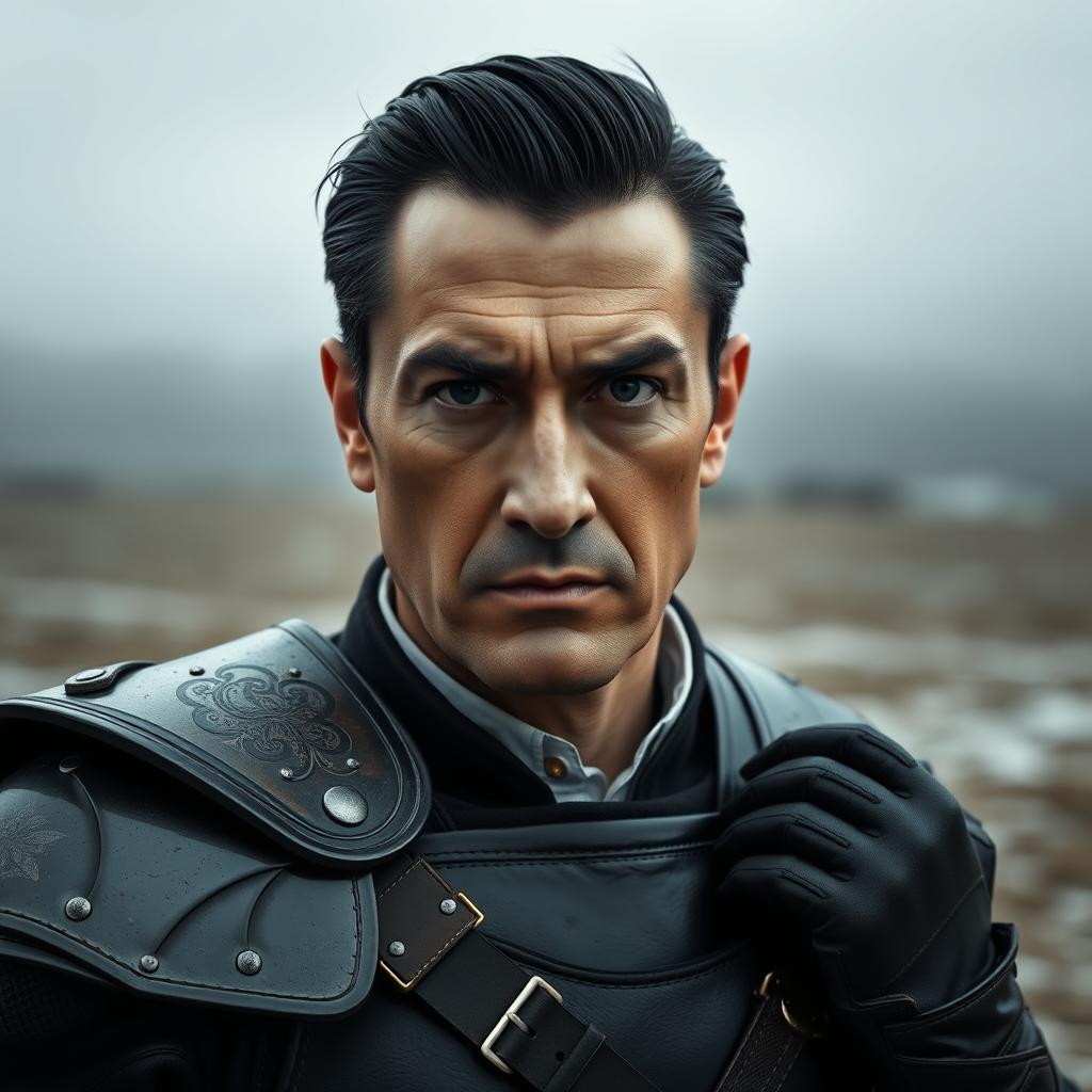 A middle-aged man in his thirties with sleek black hair slicked back, featuring a few short strands casually falling across his forehead