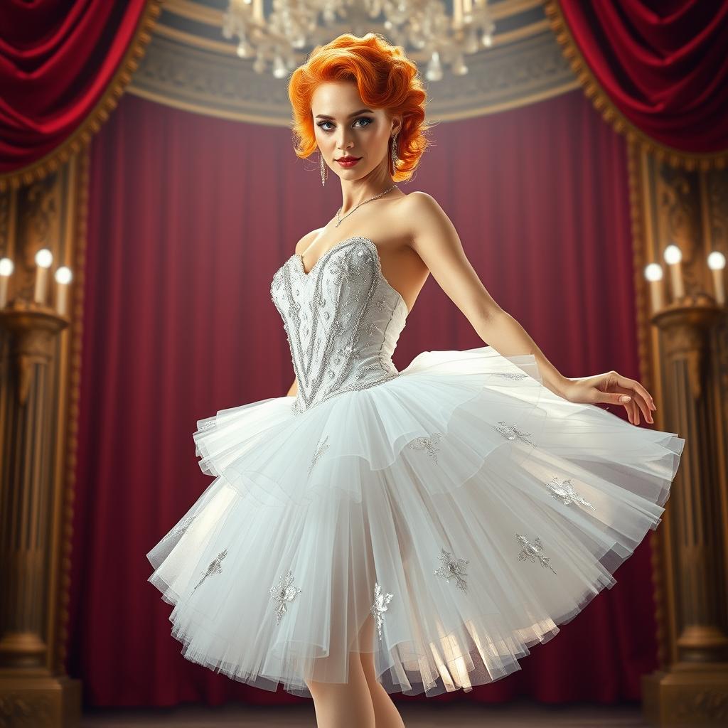 An adult woman with vibrant orange hair styled in elegant curls, exuding sophistication and grace