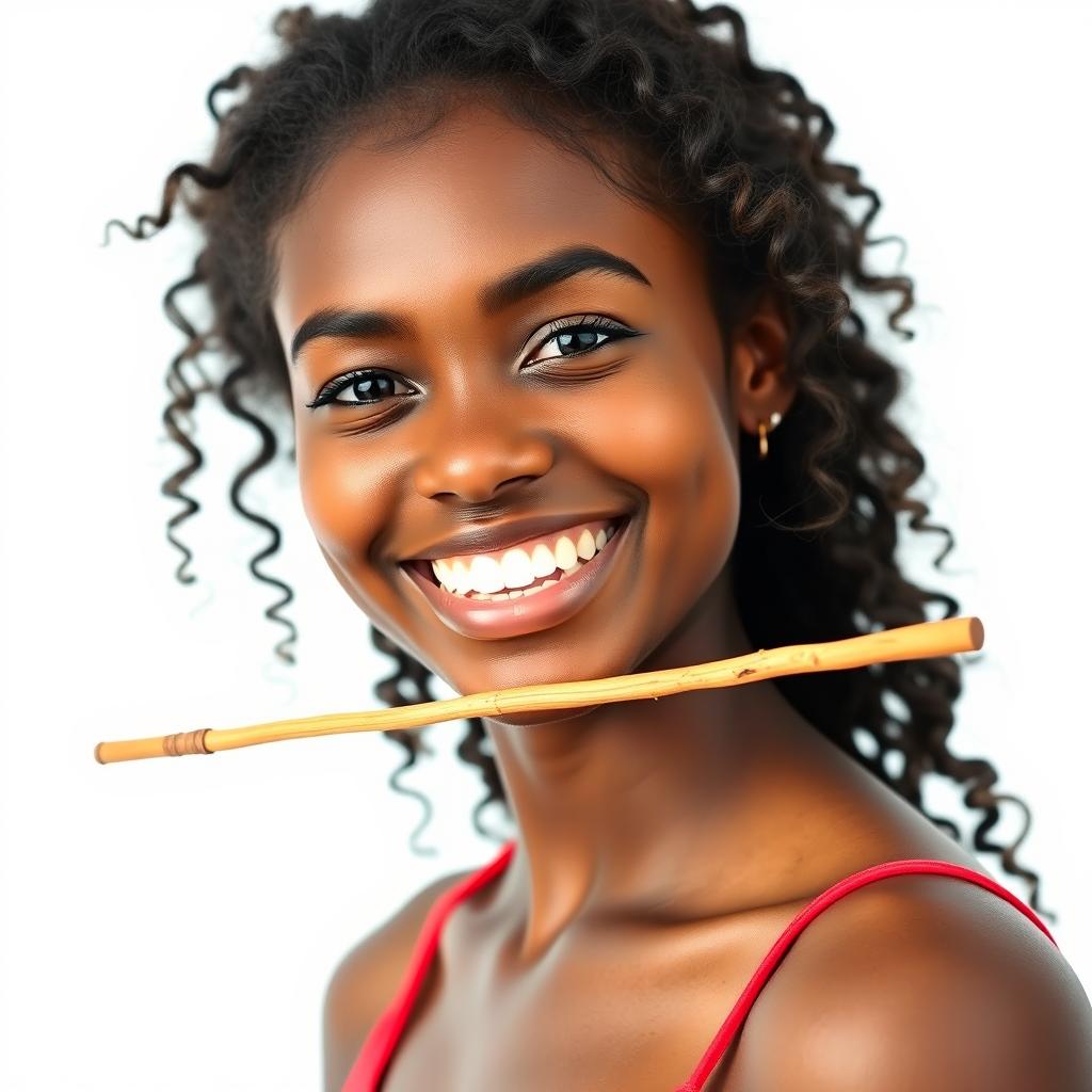 A portrait of a young and beautiful woman with dark skin and long, curly hair, smiling joyfully while holding a stick between her teeth