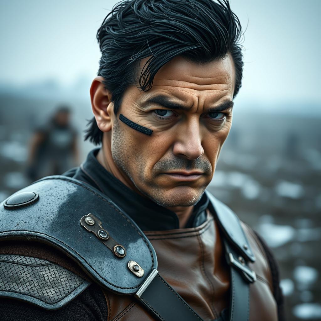 A middle-aged man in his thirties with slicked-back black hair, featuring a few short strands casually falling onto his forehead