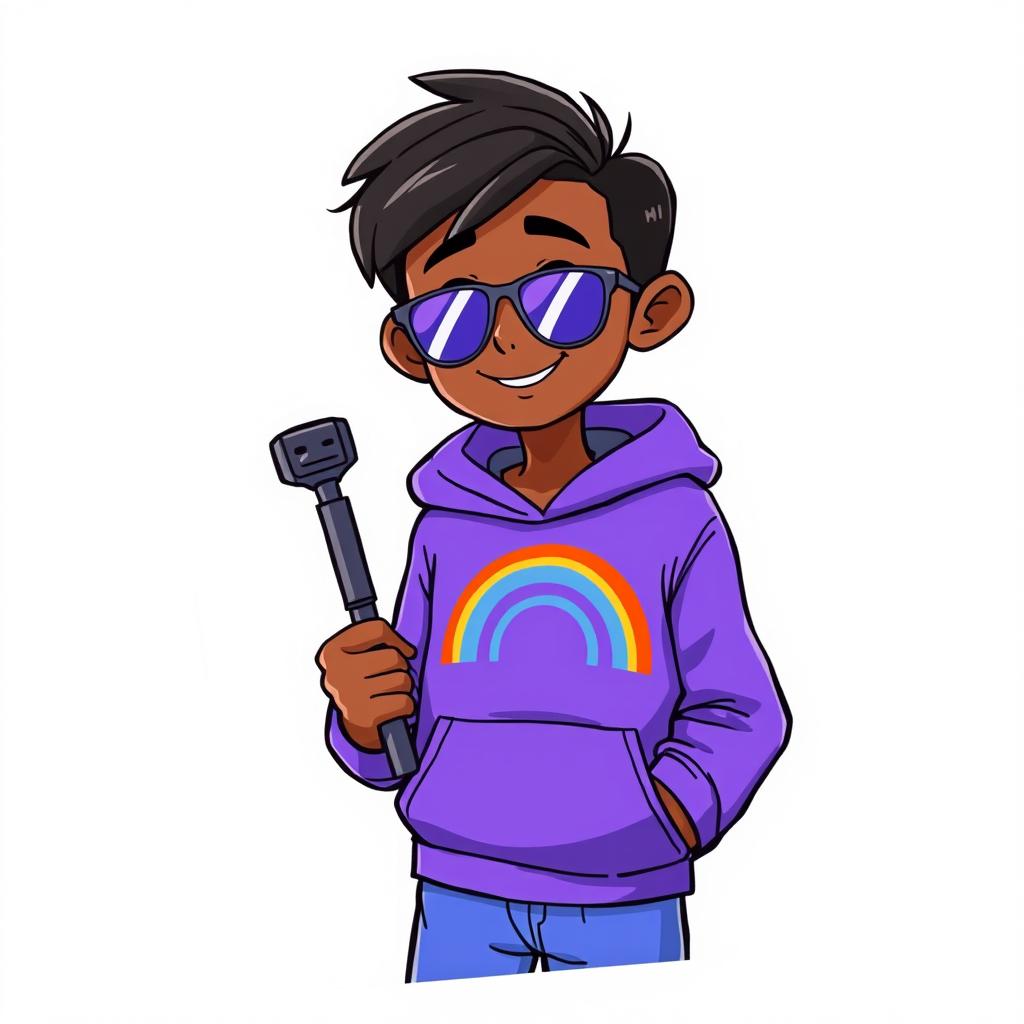 A 17-year-old boy with dark skin and ear-length hair, wearing blue pajama pants and a purple hoodie featuring a rainbow design