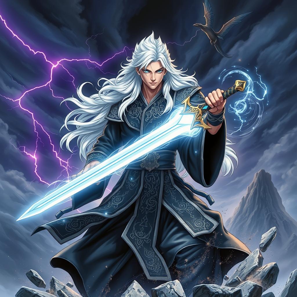 A novel cover featuring a handsome god with long, fluttering white hair like snow, his electric blue eyes shining with cold authority