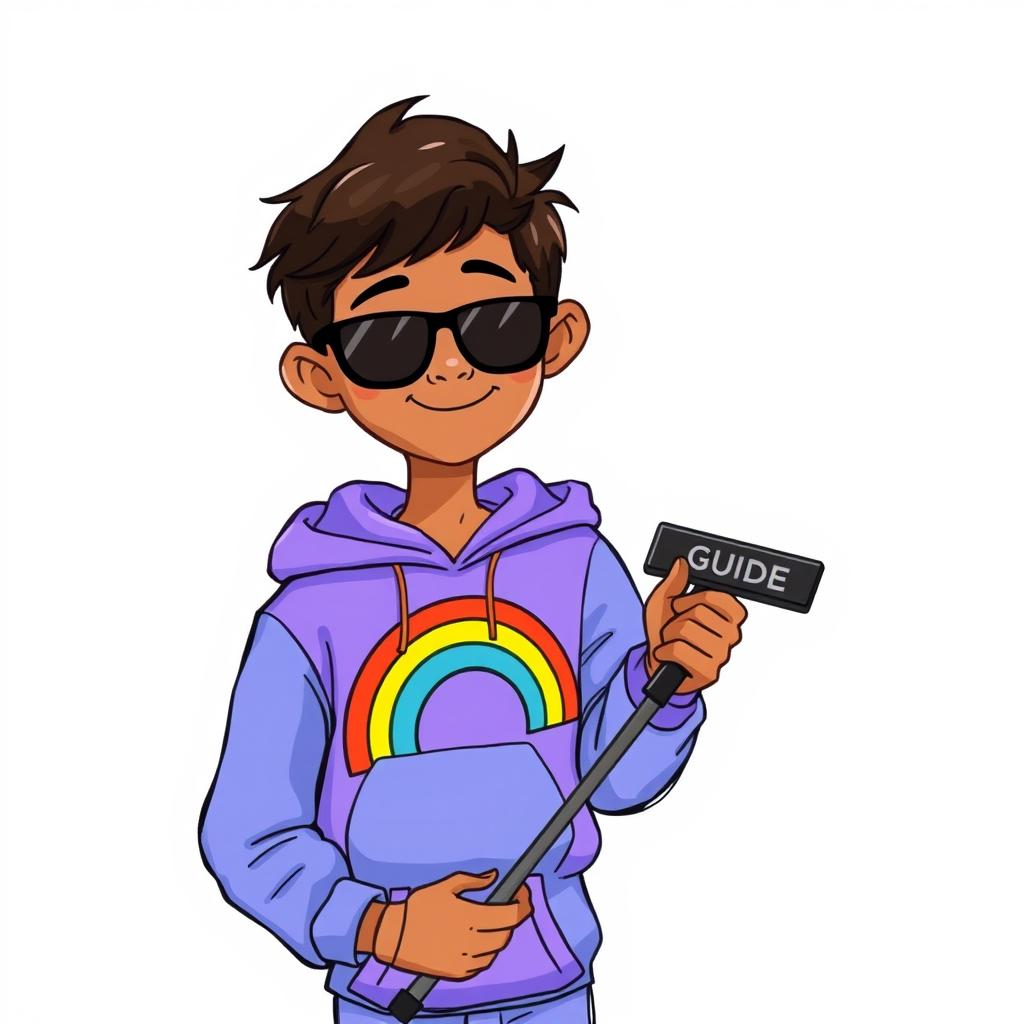 A 19-year-old young man with brown skin and ear-length hair, wearing blue pajama pants and a purple hoodie featuring a rainbow design