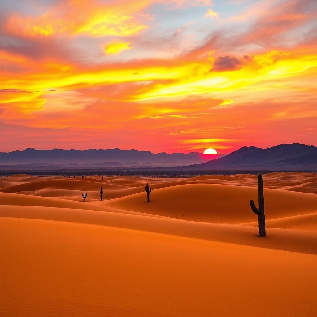 A stunning desert landscape at sunset, showcasing vast stretches of golden sand dunes with gently rolling hills