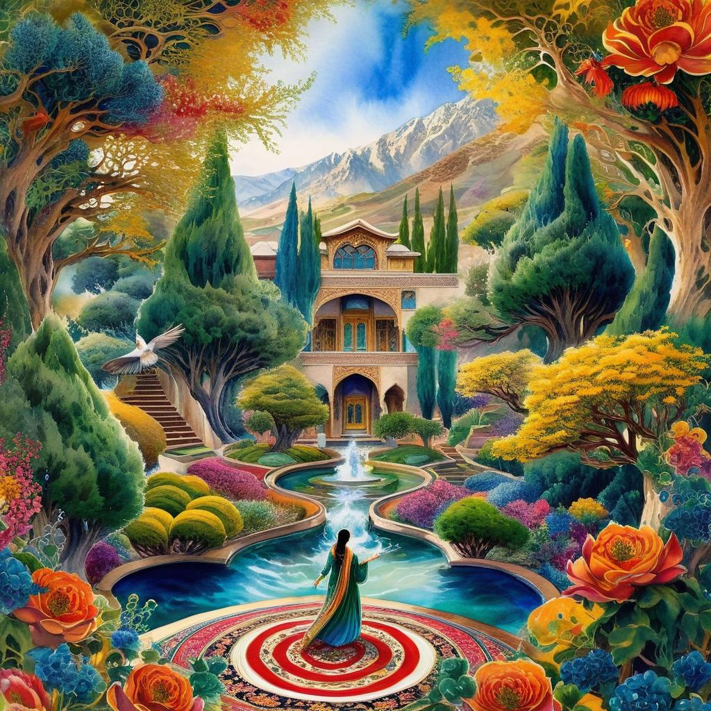 A mystical and spiritual watercolor painting of a beautiful Iranian woman standing inside a beautiful Iranian home amidst a swirl of colorful flowers, a maze of asymmetrical bonsai trees, cypress trees, grapevines, a whirlwind of beautiful little birds, and silk carpets in shades of green, blue, and yellow.