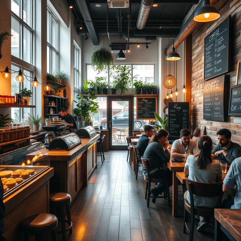 A cozy and inviting coffee shop with rustic wooden furniture and warm ambient lighting