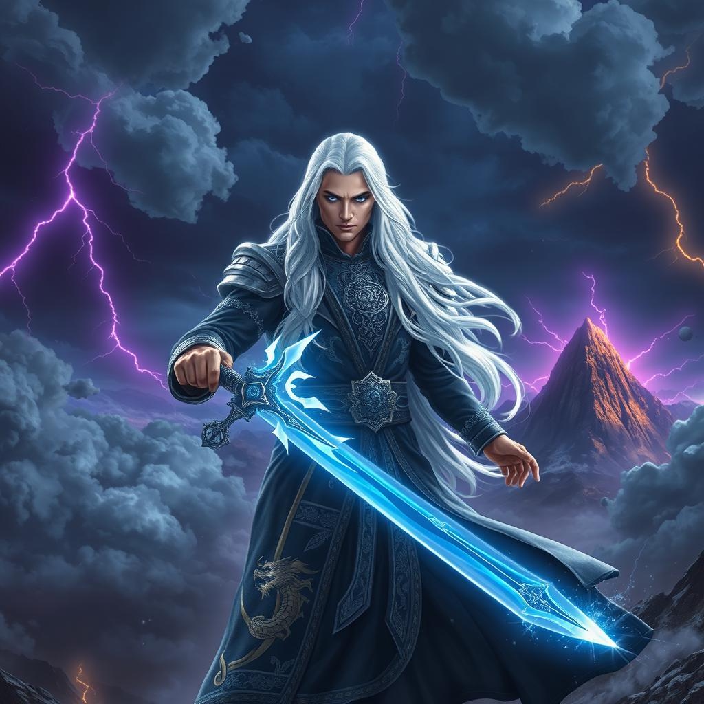 A breathtaking fantasy scene depicting a night sky filled with rolling dark clouds, punctuated by vivid flashes of purple and gold lightning