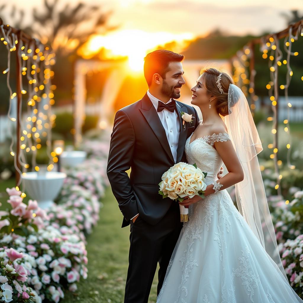 A romantic scene featuring a bride and groom on their wedding day, the bride in an elegant white gown adorned with lace and intricate beading, holding a bouquet of white roses