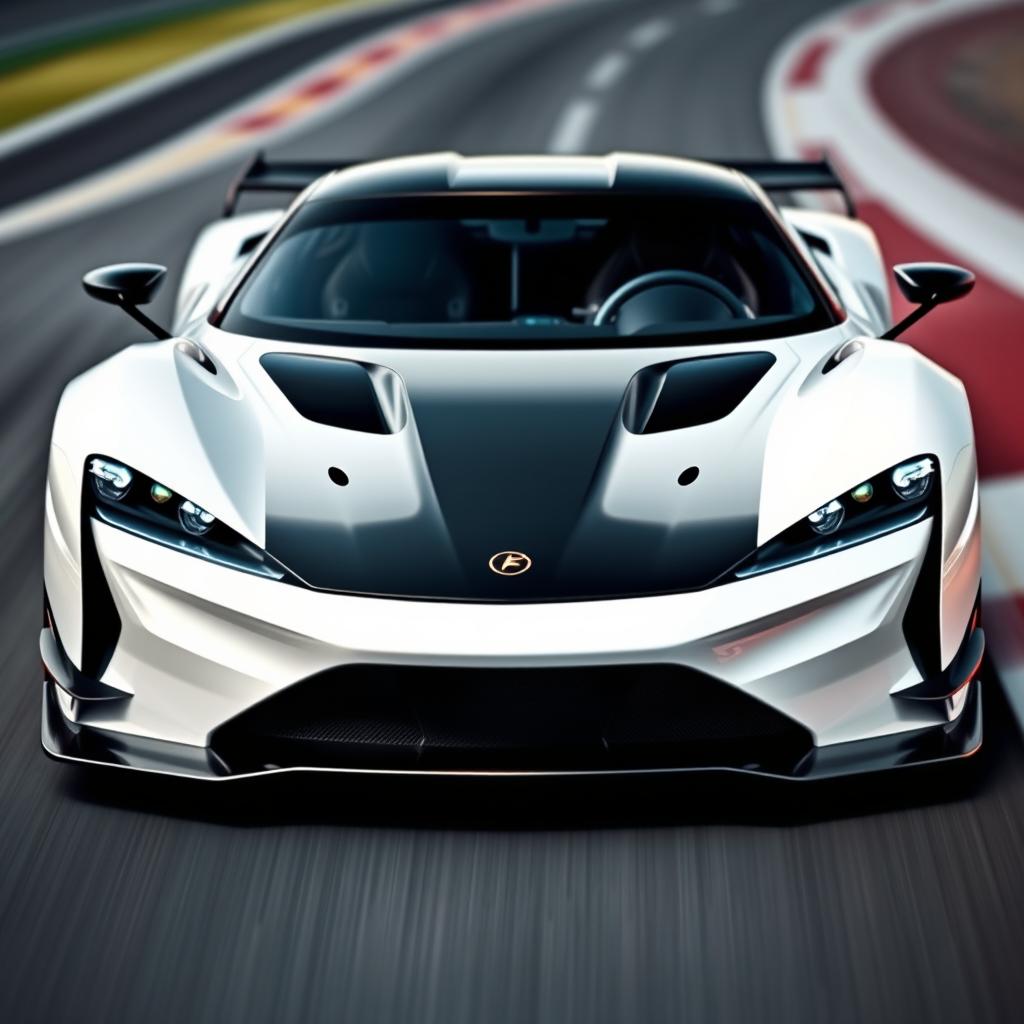 A fast, aerodynamic futuristic hyper Le Mans car with a cutting-edge design, featuring a realistic and high-performance V12 electric engine
