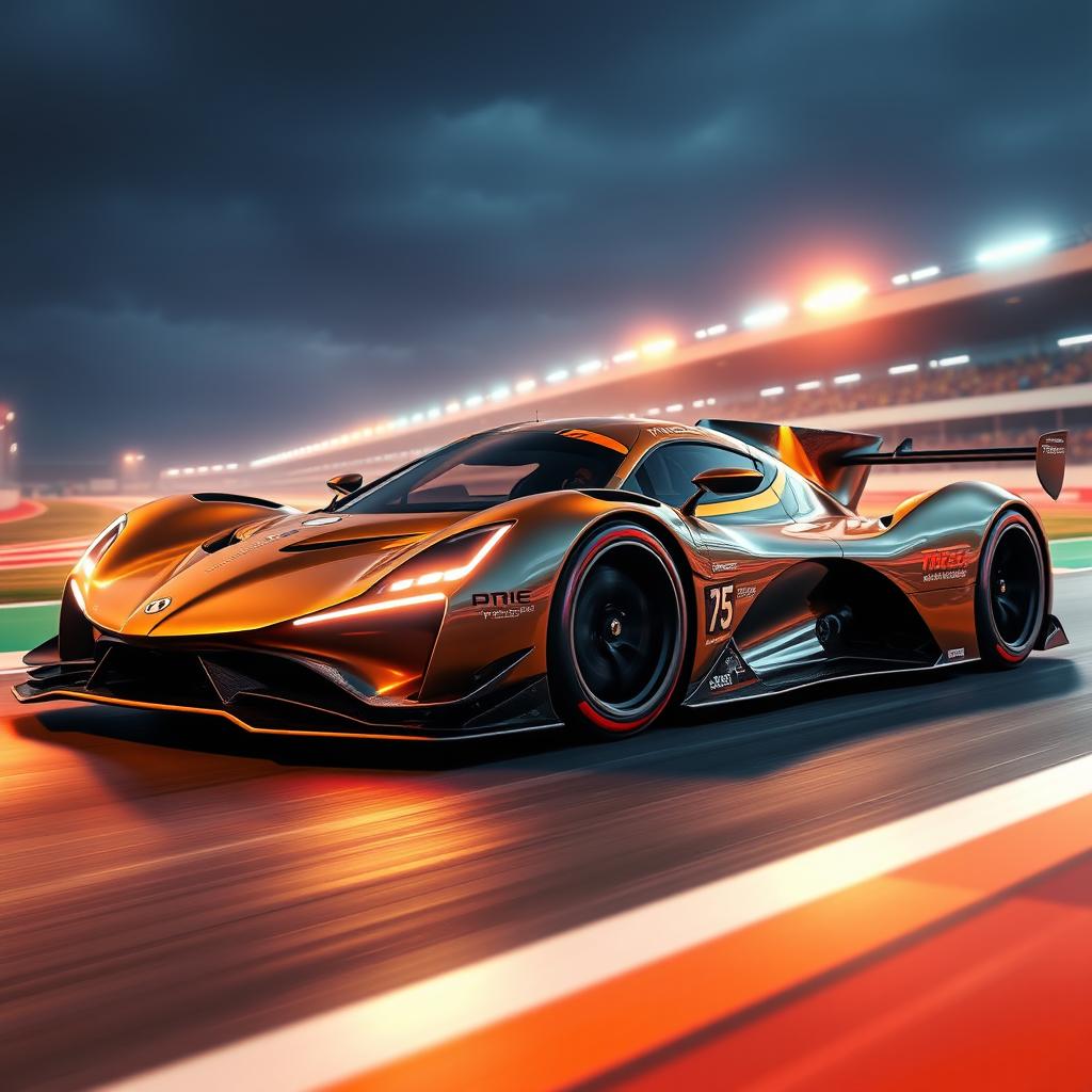 A fast, aerodynamic, futuristic hyper Le Mans car captured in a stunning side view