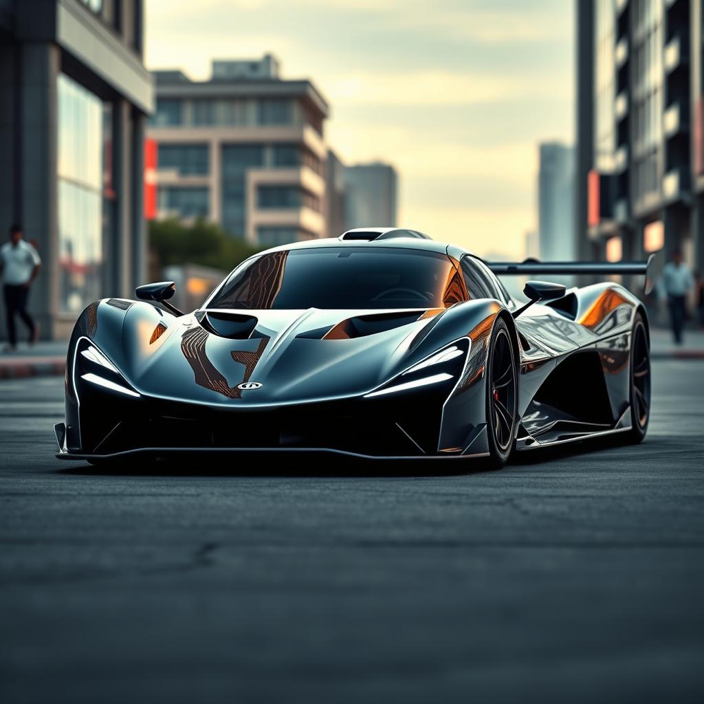 A fast, aerodynamic, futuristic hyper Le Mans car showcasing cutting-edge design and high performance, featuring a sleek V12 electric engine