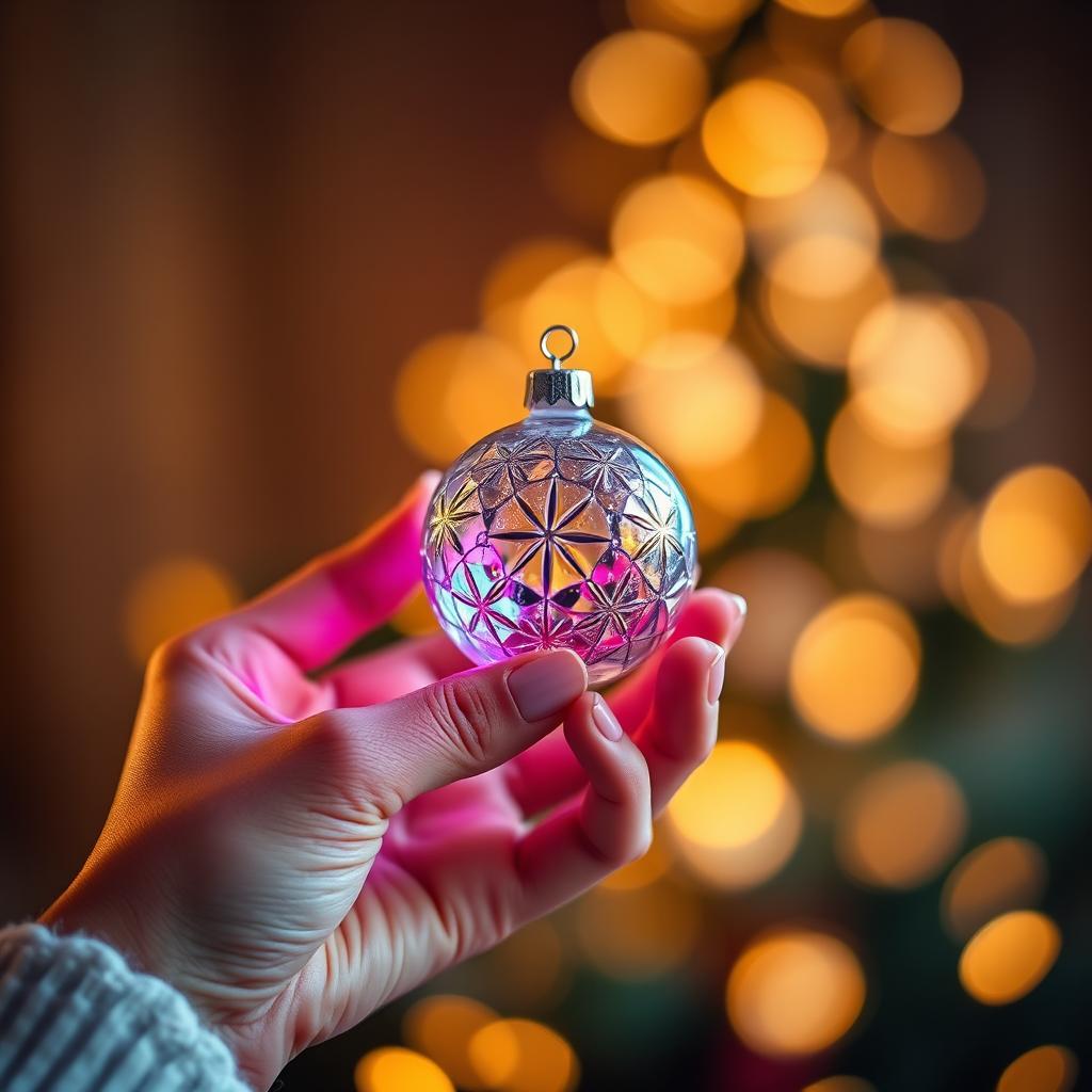 A close-up image of a person's hand elegantly holding a delicate glass ornament