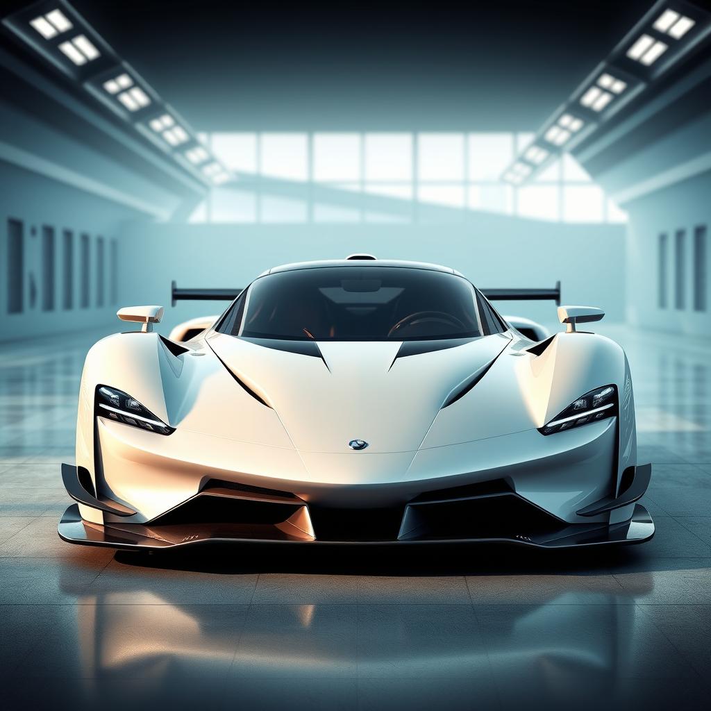 A futuristic hypercar designed for high performance in the year 2050, featuring an aerodynamic shape with sleek lines and cutting-edge design elements
