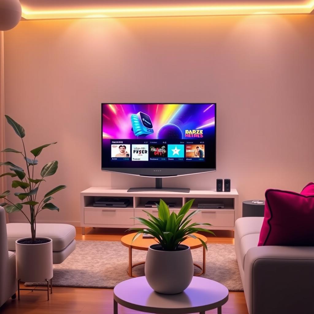A futuristic television set with a sleek design featuring a vibrant screen displaying colorful graphics