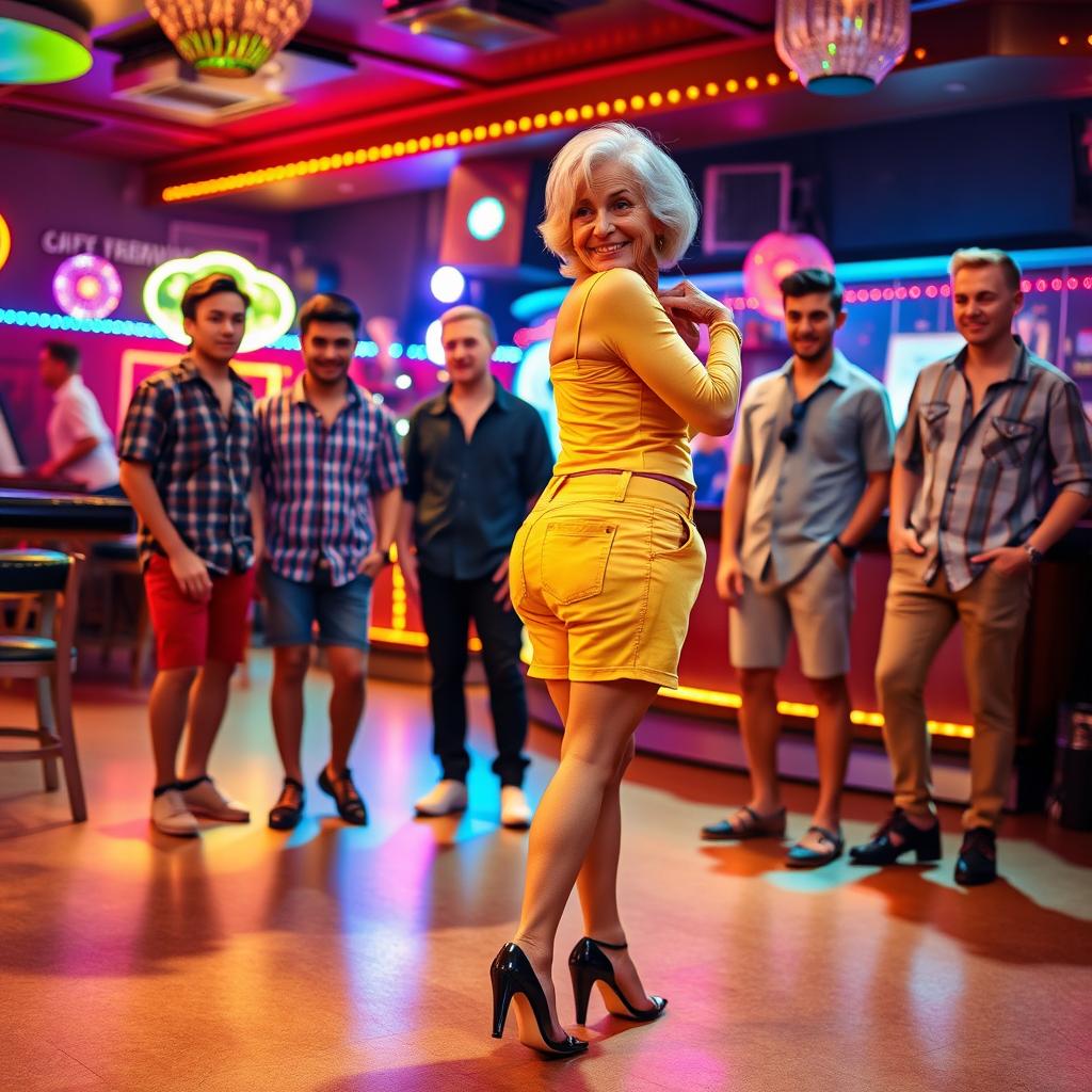 An elderly woman, 70 years old, with wide hips and a narrow waist, wearing yellow denim shorts that highlight her figure and a trendy short top