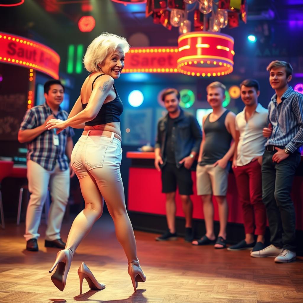 An elderly woman, 70 years old, with wide hips and a narrow waist, is wearing white micro denim shorts that accentuate her figure and a trendy short top