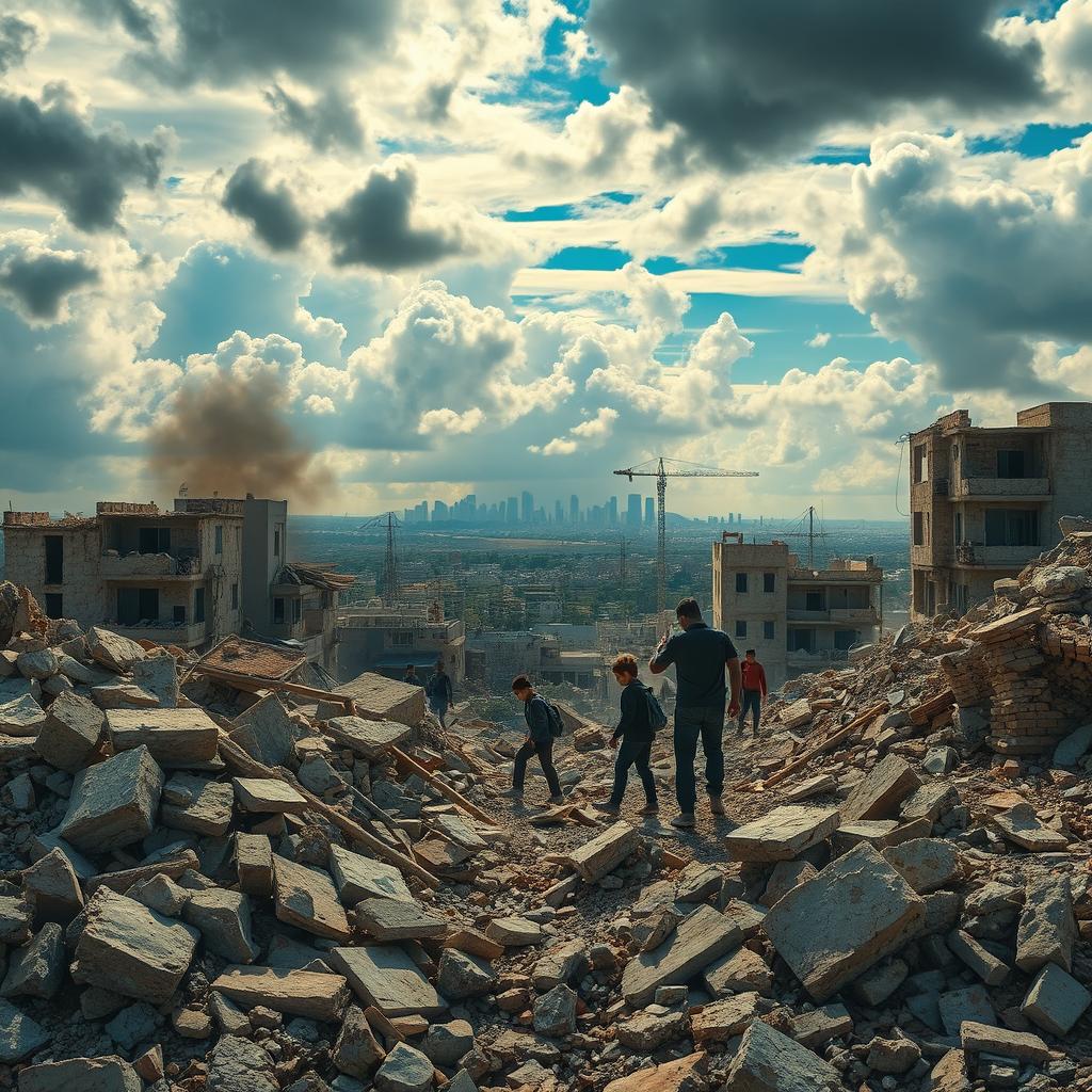 A vivid and powerful depiction of the Gaza conflict, showcasing a landscape marked by resilience amid devastation