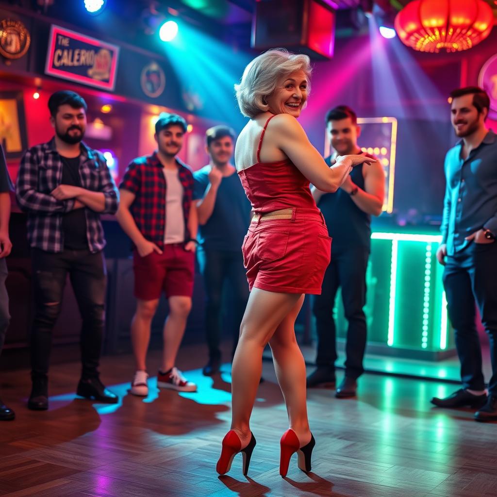 An elderly woman, 70 years old, with wide hips and a narrow waist, is wearing red micro denim shorts that accentuate her figure and a stylish short top