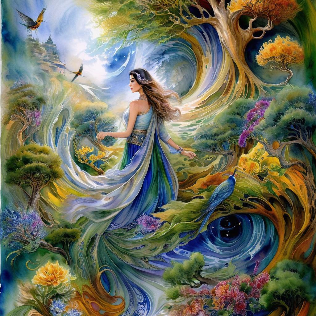 A mystical and spiritual watercolor painting of a beautiful Iranian woman standing inside a beautiful Iranian home amidst a swirl of colorful flowers, a maze of asymmetrical bonsai trees, cypress trees, grapevines, a whirlwind of beautiful little birds, and silk carpets in shades of green, blue, and yellow.