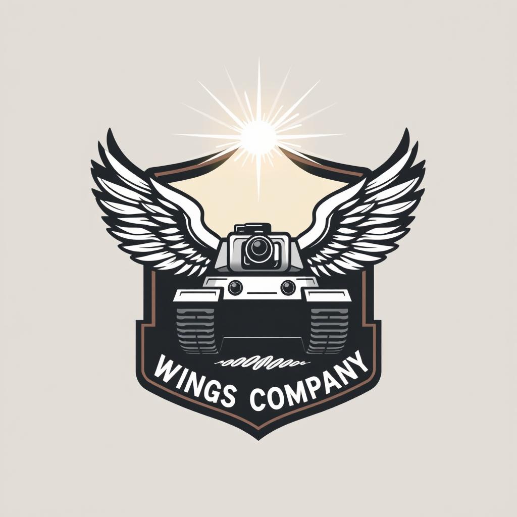 A stylized badge design featuring a tank with bird-like wings, encapsulated within a shield shape